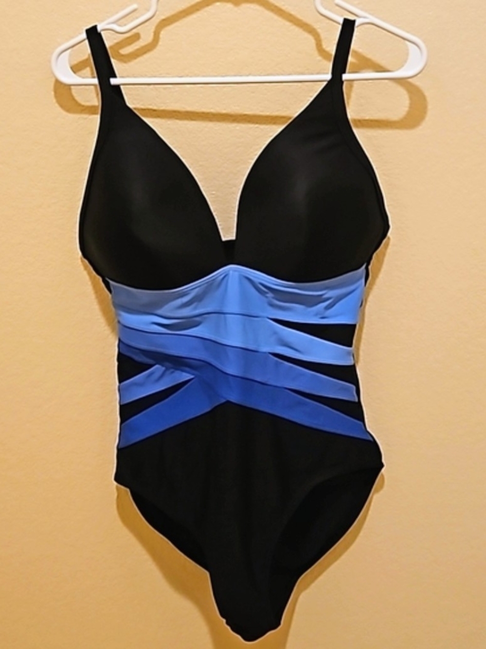 Black One-Piece Swimsuit with Blue Banding — Supportive Tummy Control